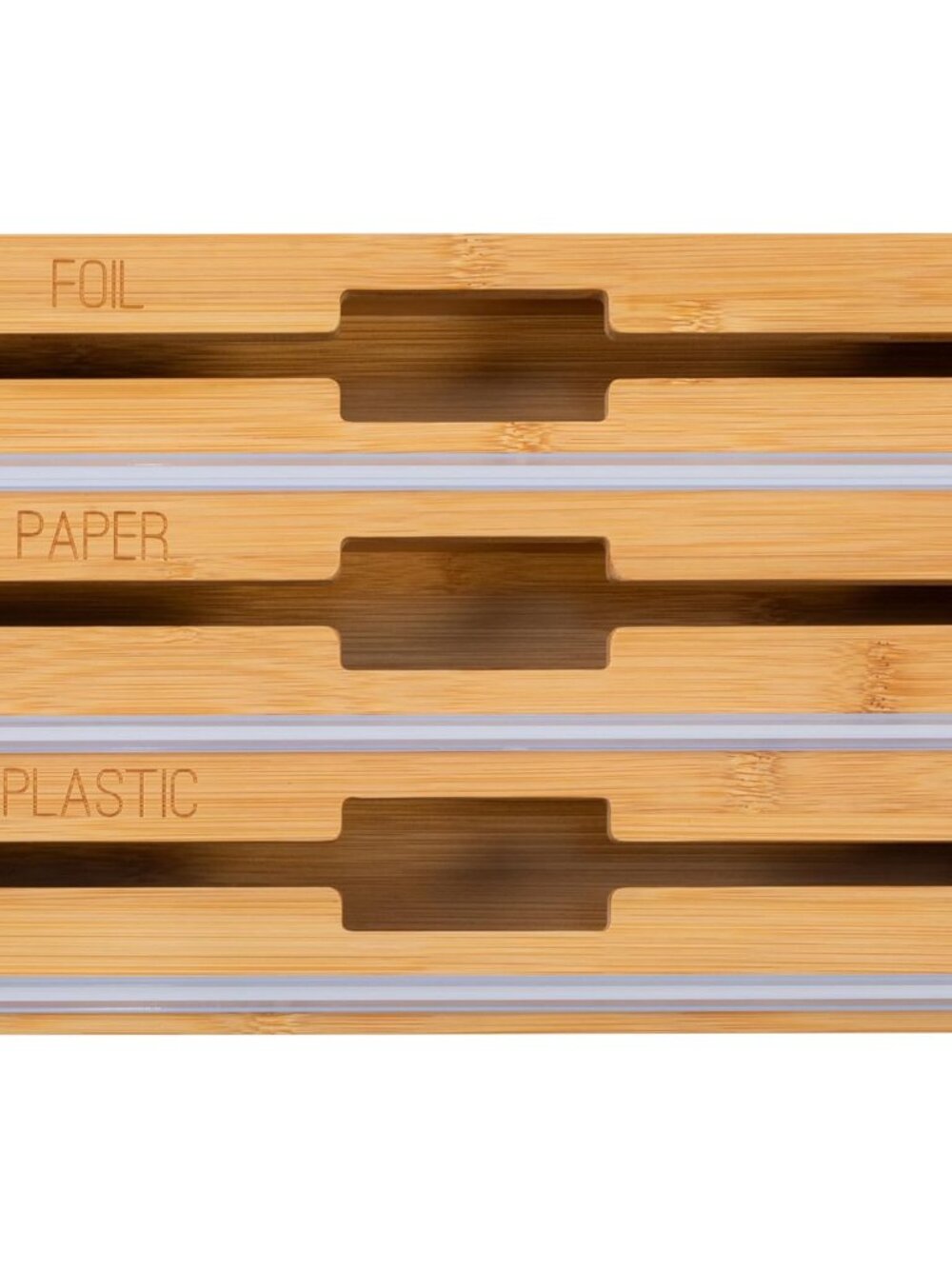 3-In-1 Bamboo Food Wrap Organizer With Safety Cutter | Plastic, Wax, Paper and F